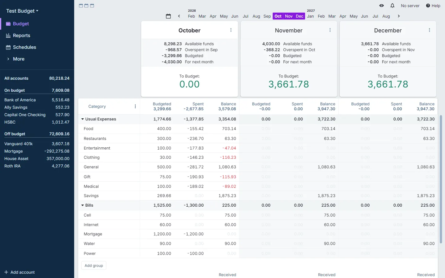Actual Budget’s budget view: three months side by side, with budgeted, spent, and remaining amounts for each category