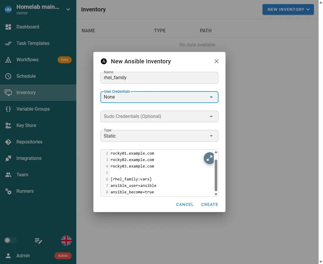 The Semaphore inventory form, set to static with the user credentials and the rhel_family hosts