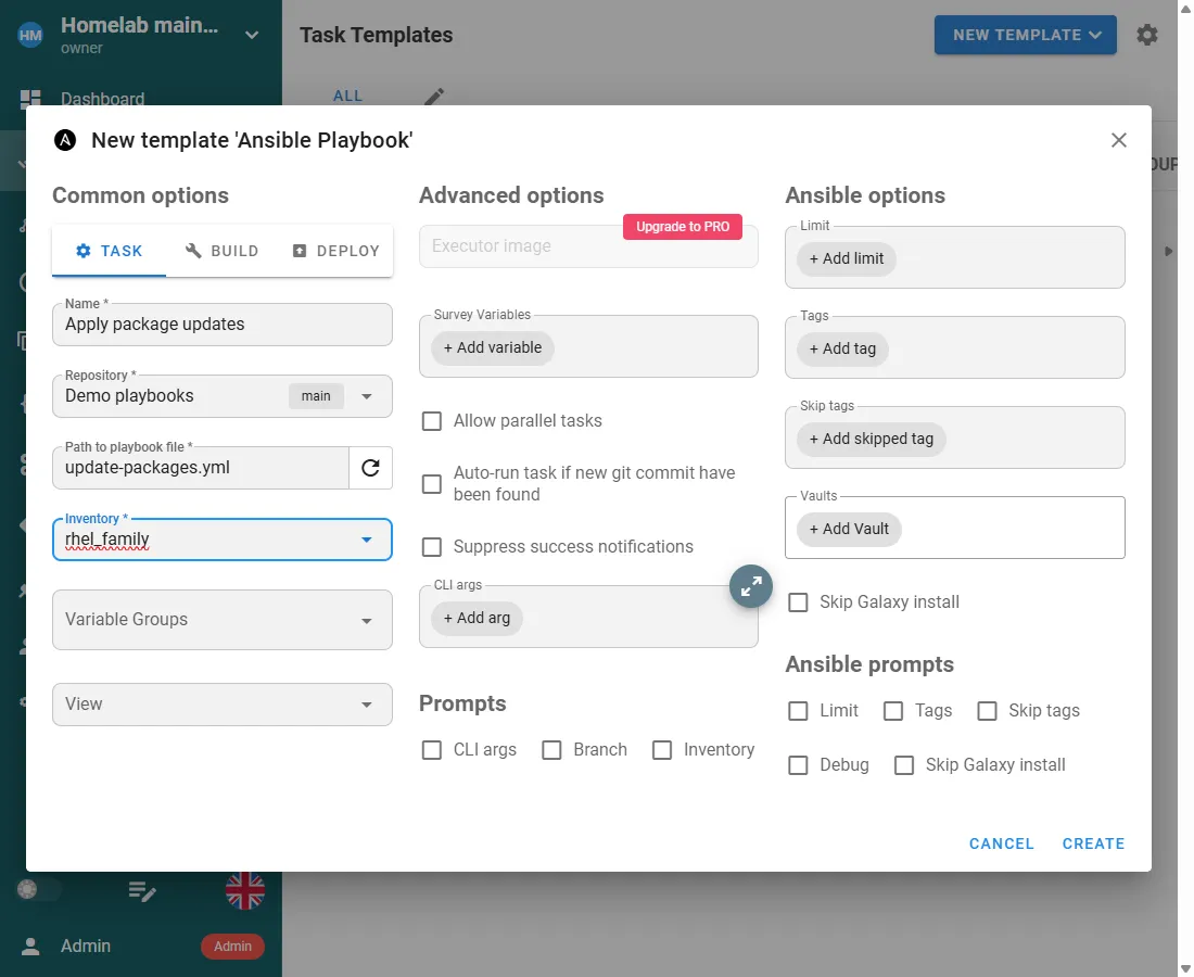 The Semaphore task template form, with the name, repository, playbook path, and inventory filled in