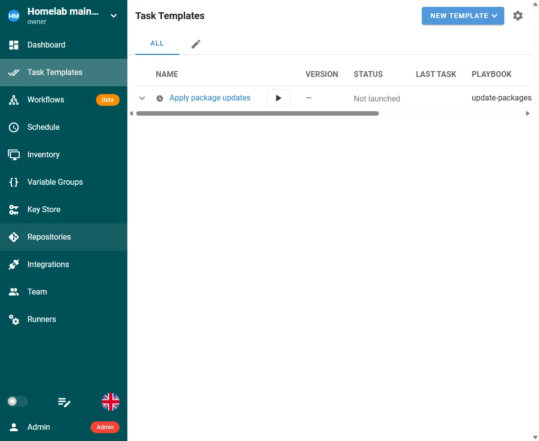 The Semaphore task template list, with the Apply package updates template ready to launch