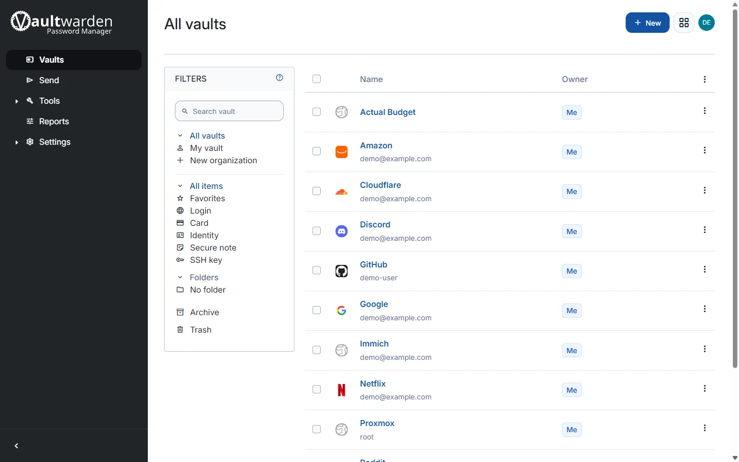 The Vaultwarden web vault listing saved logins for sites like GitHub, Google, and Netflix